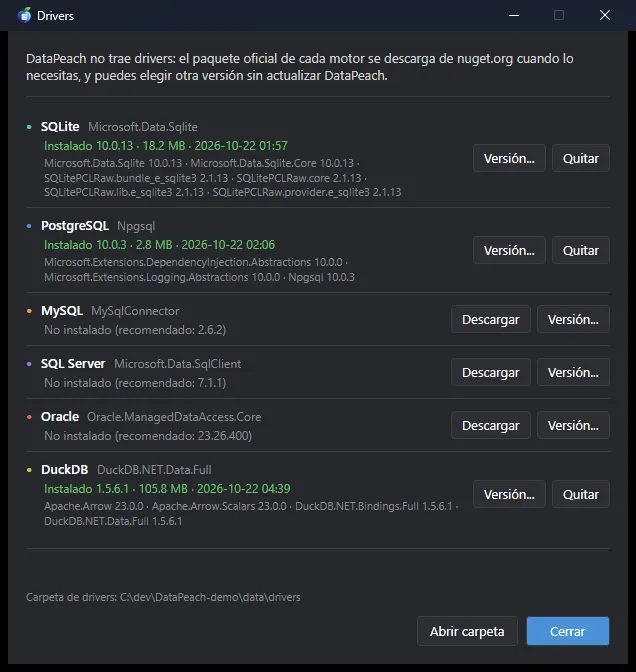 Drivers descargados de nuget.org con su versión